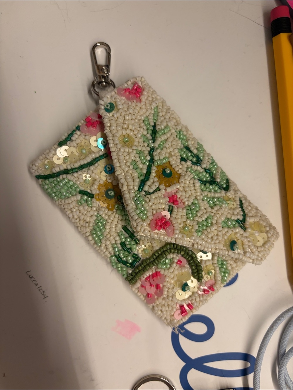 Source Unknown Ivory Beaded Floral Wristlet Keychain with Pink and Green Accents